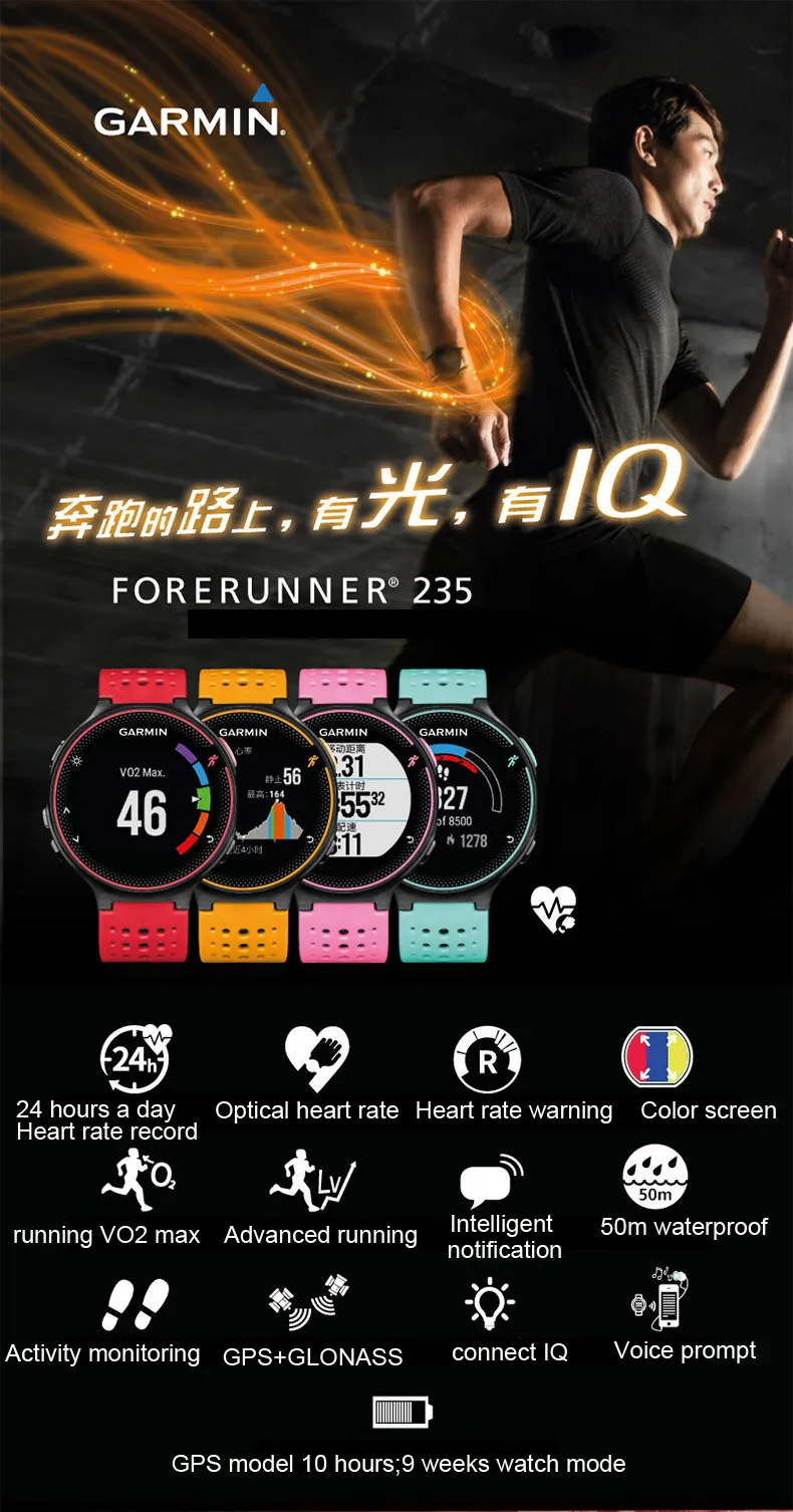 Для бега, gps, Garmin forerunner, 235, Смарт часы, для мужчин, шагомер, пульсометр, для плавания, для бега, спортивные, платные, женские часы