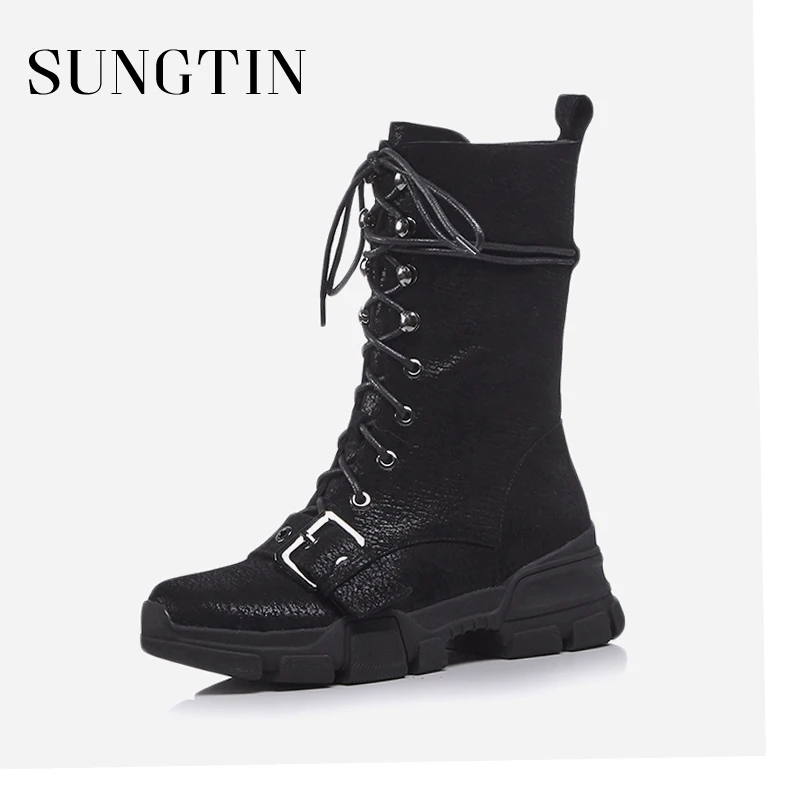 

Sungtin Genuine Leather Martin Boots Black Lace-up Ankle Boots Ladies Flat Short Riding Boots Winter Plush Warm Motorcycle Boots