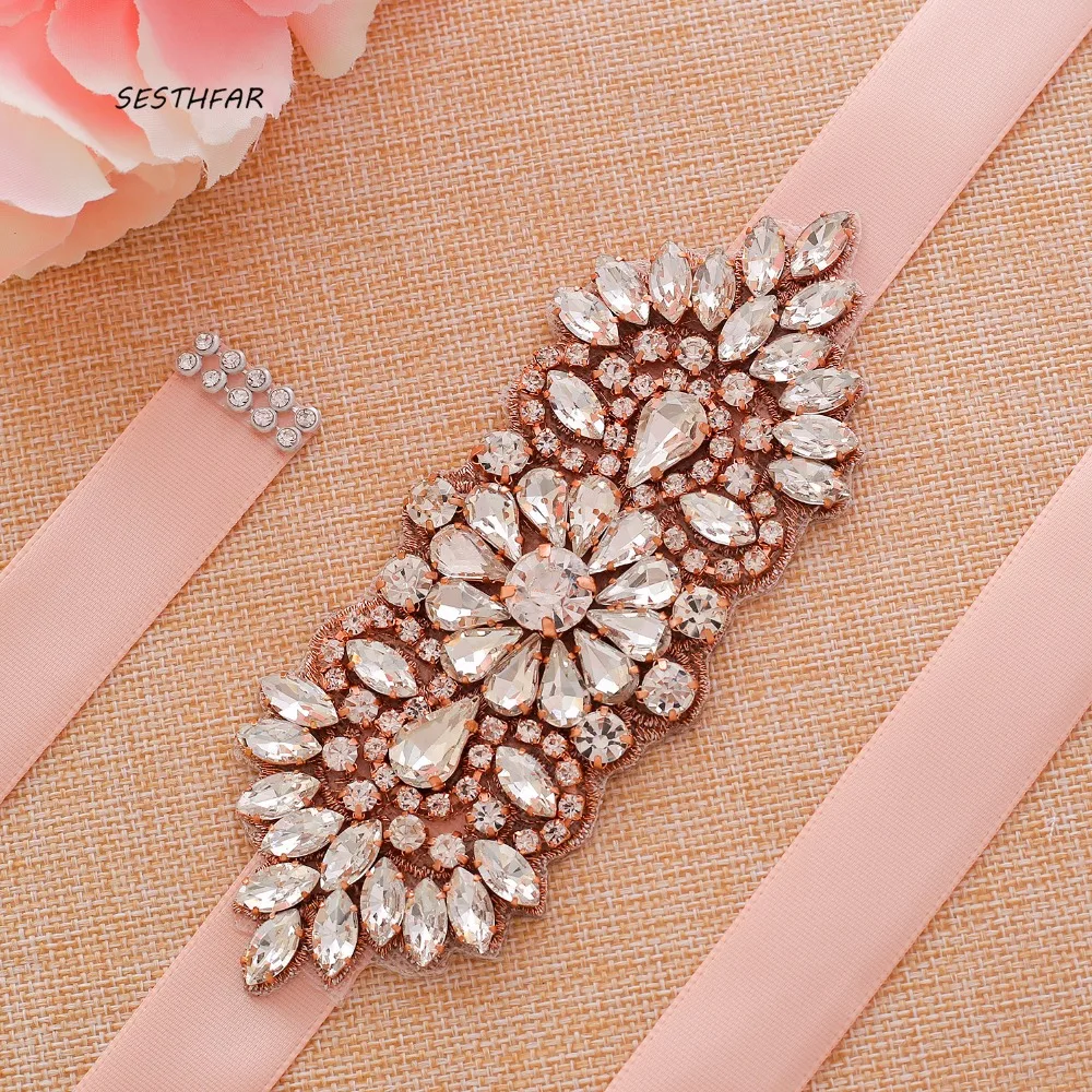 

SESTHFAR Crystal Bridal Belts Rose Gold Rhinestones Wedding Belt Pearl Waistband Sashes for Dresses Accessories