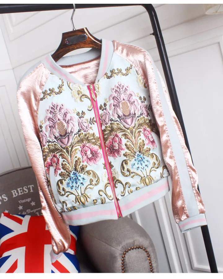 

2019 New 3D flower embroidery satin bomber jacket Autumn Women jacket coat female outerwear basic jackets