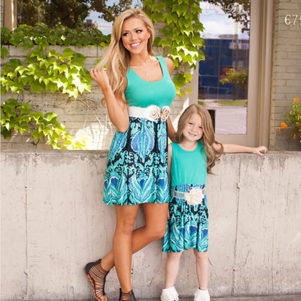 Mother Daughter Short Leisure Dress 3xl Female Family Matching Clothing Family Matching Outfits Mom Girl Green Dress