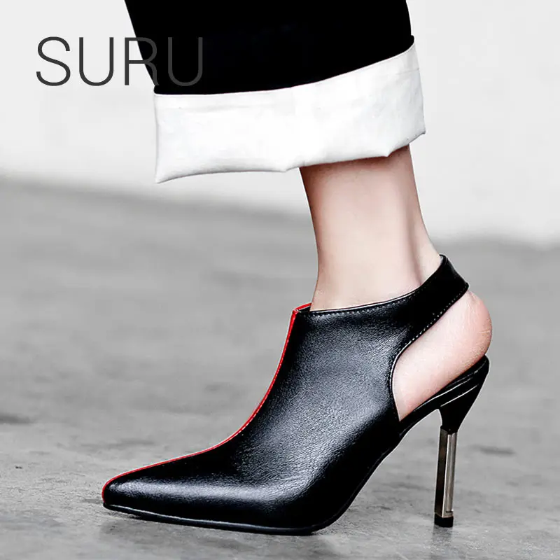 

SURU Ladies 9cm slingbacks high heels black white or black red patchwork sexy pointed toe pumps for women big large size 48 47