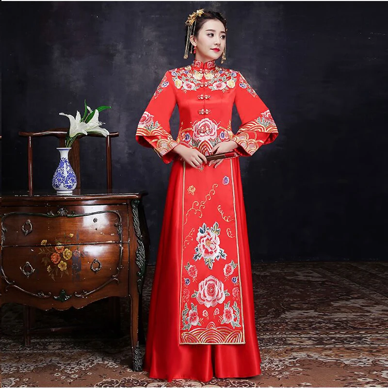 Винтаж Красный вышивки Cheongsam современный Традиционный китайский стиль свадебное платье Oriental Для женщин длинные Qipao Vestidos Размеры S-XXXL