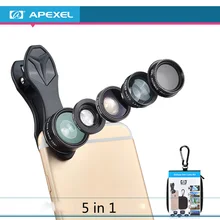 1 шт. 5 в 1 APEXEL HD Универсальный 0.63X широкоугольный+ 198 градусов рыбий глаз+ 15X макрообъектив+ CPL+ 2X телепото объектив камера для мобильного телефона+ зажим