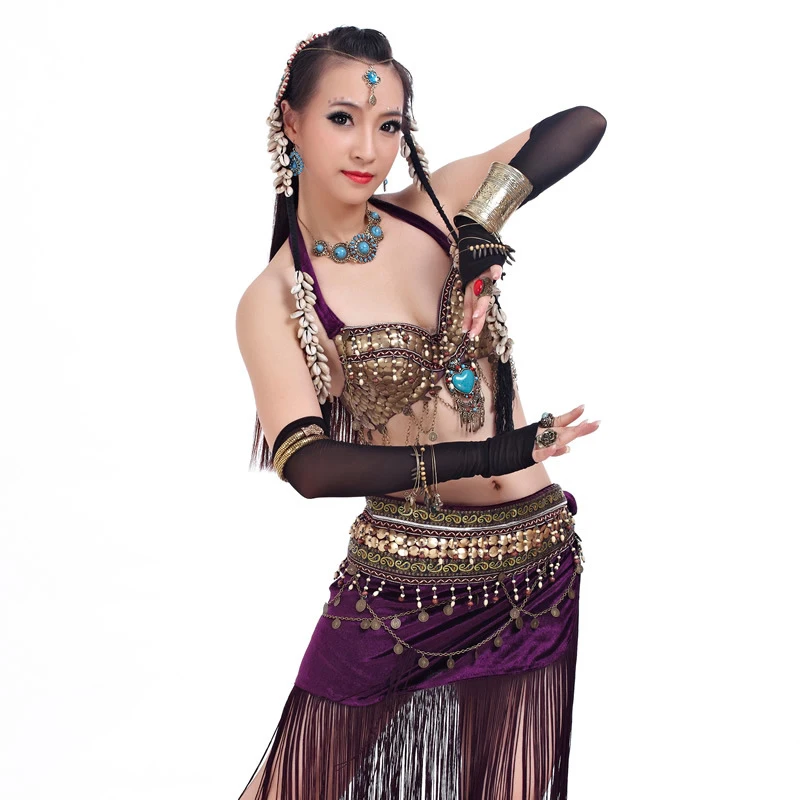 

Egyptian Tribal Style Bellydance Costume 2-pieces Coin Bra Long Tassel Apron Skirt Belly Dance Bra Belt ATS Costumes Set
