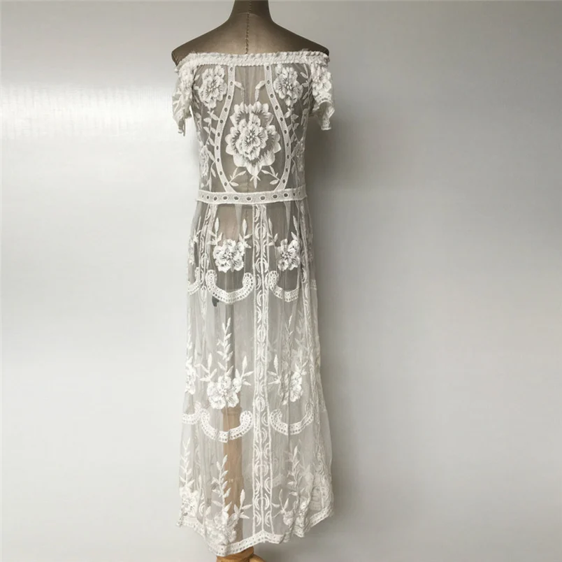 2018 New Women Sexy Off Shoulder Floral Lace Hollow Bikini Cover Up Slash Neck Swimwear Casual Beach Dress Wholesale F#L18 (4)