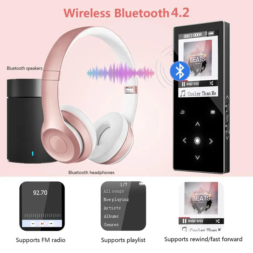 Bluetooth4.2 MP3 плеер 16G Динамик Металл hifi сенсорные клавиши музыкальный с fm радио