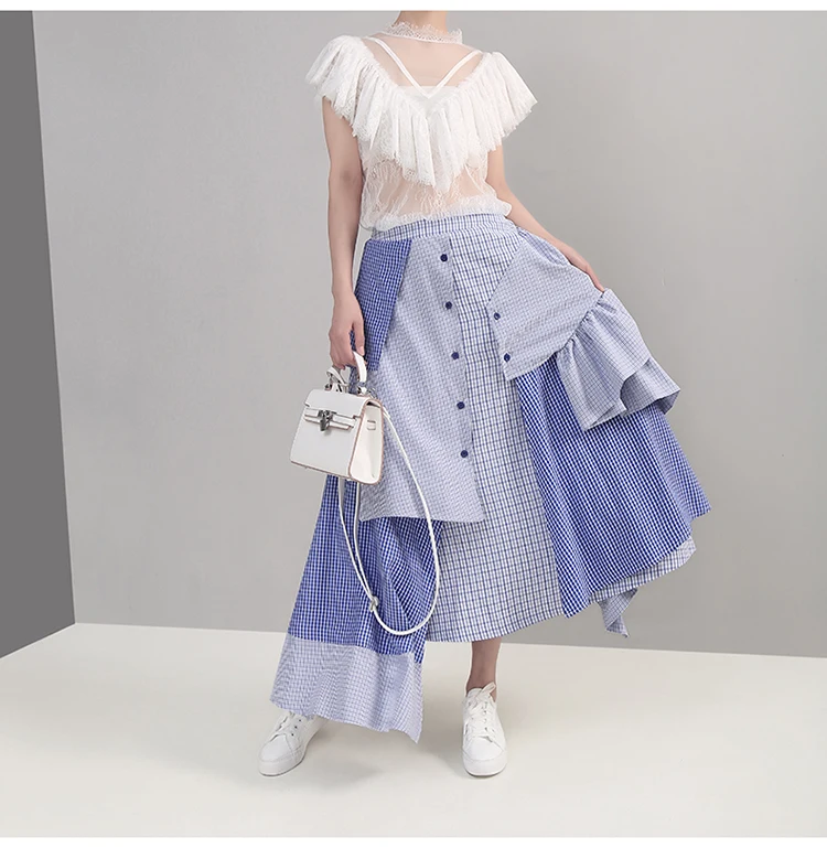 Korean Style Women Summer Asymmetrical Blue Striped Casual Skirt Ruffles Elastic Waist Ladies Stylish Skirt Robe Femme 5243