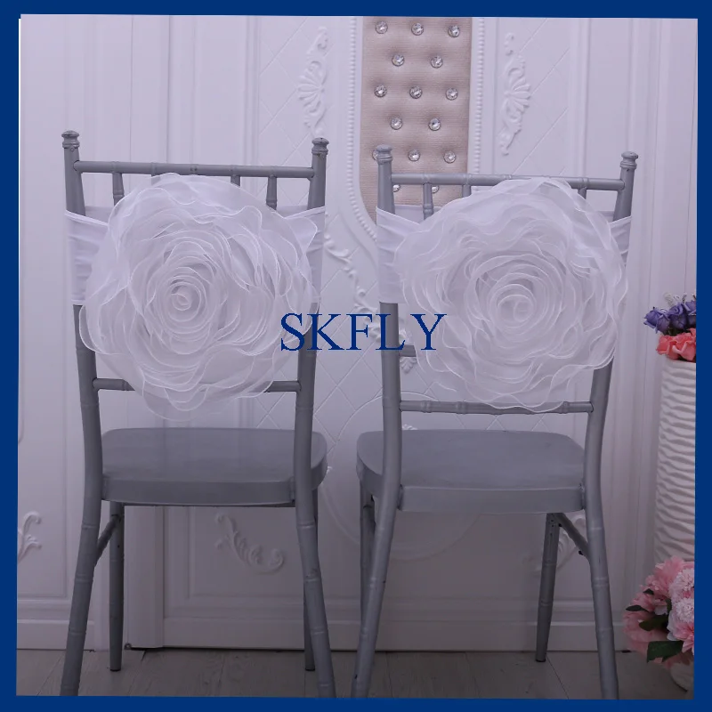 

CH091B Gorgeous custom made white yellow baby pink light blue large organza chair flower with spandex band