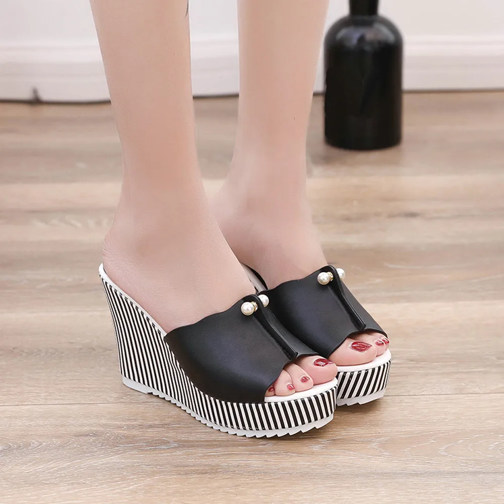 US $11.01 Summer Wedges Sandals High Heels Beach Slippers Platform Stripe Pearl Sandals Flip Flops Women Shoes Sandalias Mujer Shoes