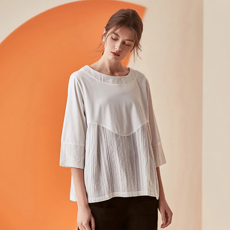 [DEAT] новая осенне-зимняя свободная футболка с круглым вырезом и длинным рукавом в черную полоску с принтом стежка Женская мода Tide JO49 - Цвет: White