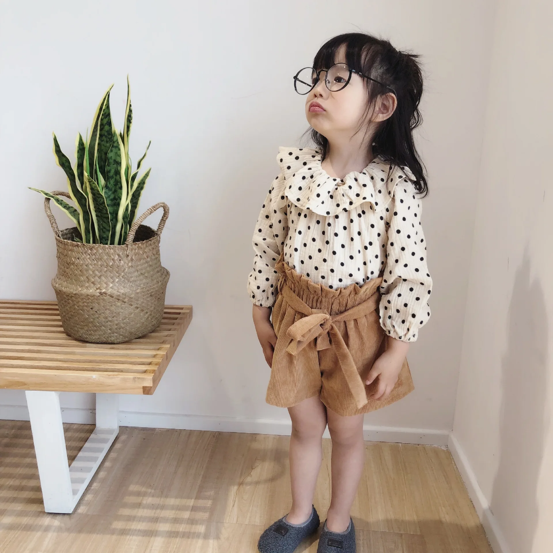 

Autumn Korean style cute girls cotton linen dot Blouses baby girl long sleeve doll collar casual shirts clothes kids Tops 1-5Y