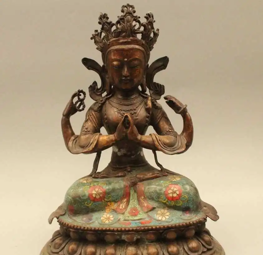 

12"Chinese Tibet Buddhism Cloisonne Bronze Four Hands Kwan-Yin Goddess Statue