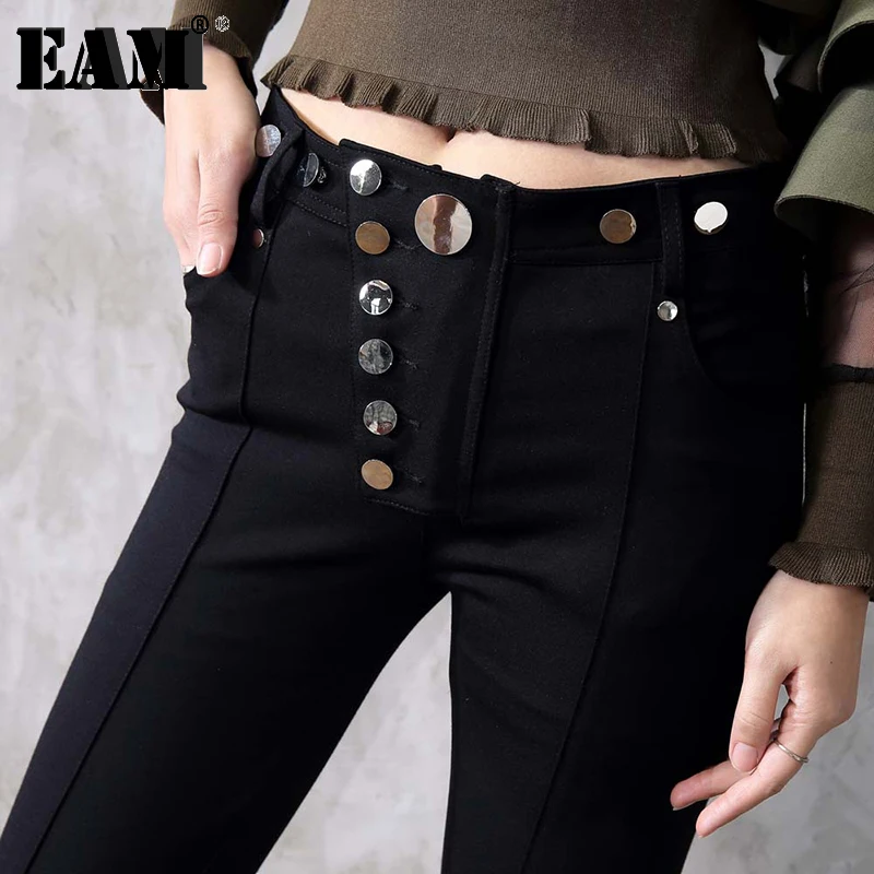[EAM] новые весенние длинные женские брюки с высокой талией, однотонные, с металлической пряжкой, черные, модные, JC1720
