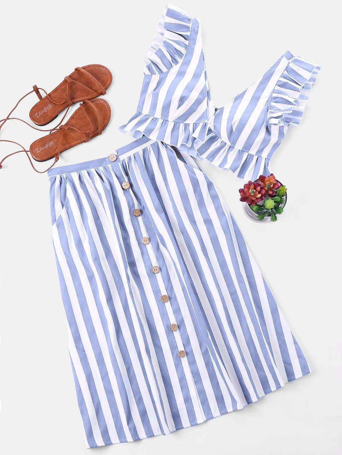 

Two Piece Set V Neck Sleeveless Crop Top Striped Ruffle Button High Waist Skirts Suits Summer Women Sets
