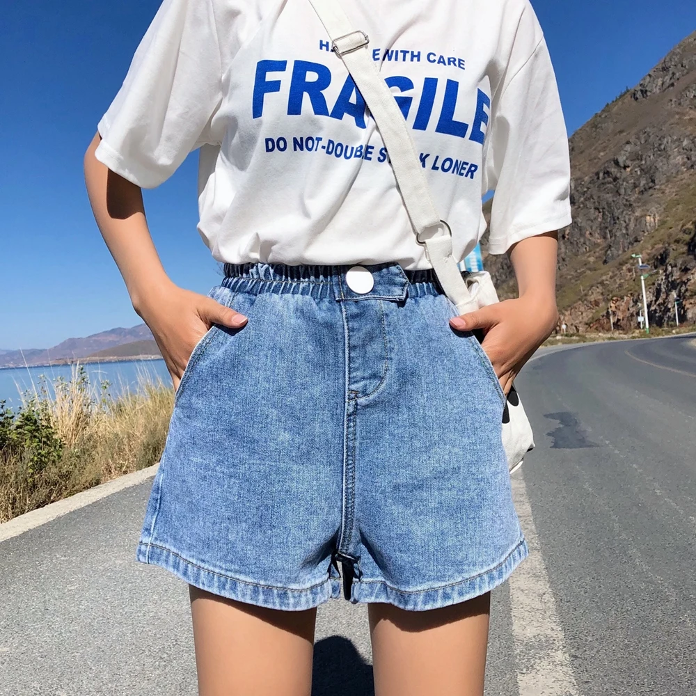 Pantalones cortos vaqueros para mujer, Shorts de pierna ancha con cintura alta color negro, azul, blanco y rosa, ropa de calle de verano, 2022 _ - AliExpress Mobile