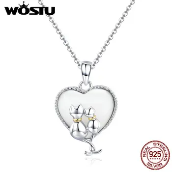 

WOSTU Romantic 925 Sterling Silver The Cat Lover Shell Pendant Necklace For Women Female Fashion Brand Jewelry Gift CQN297