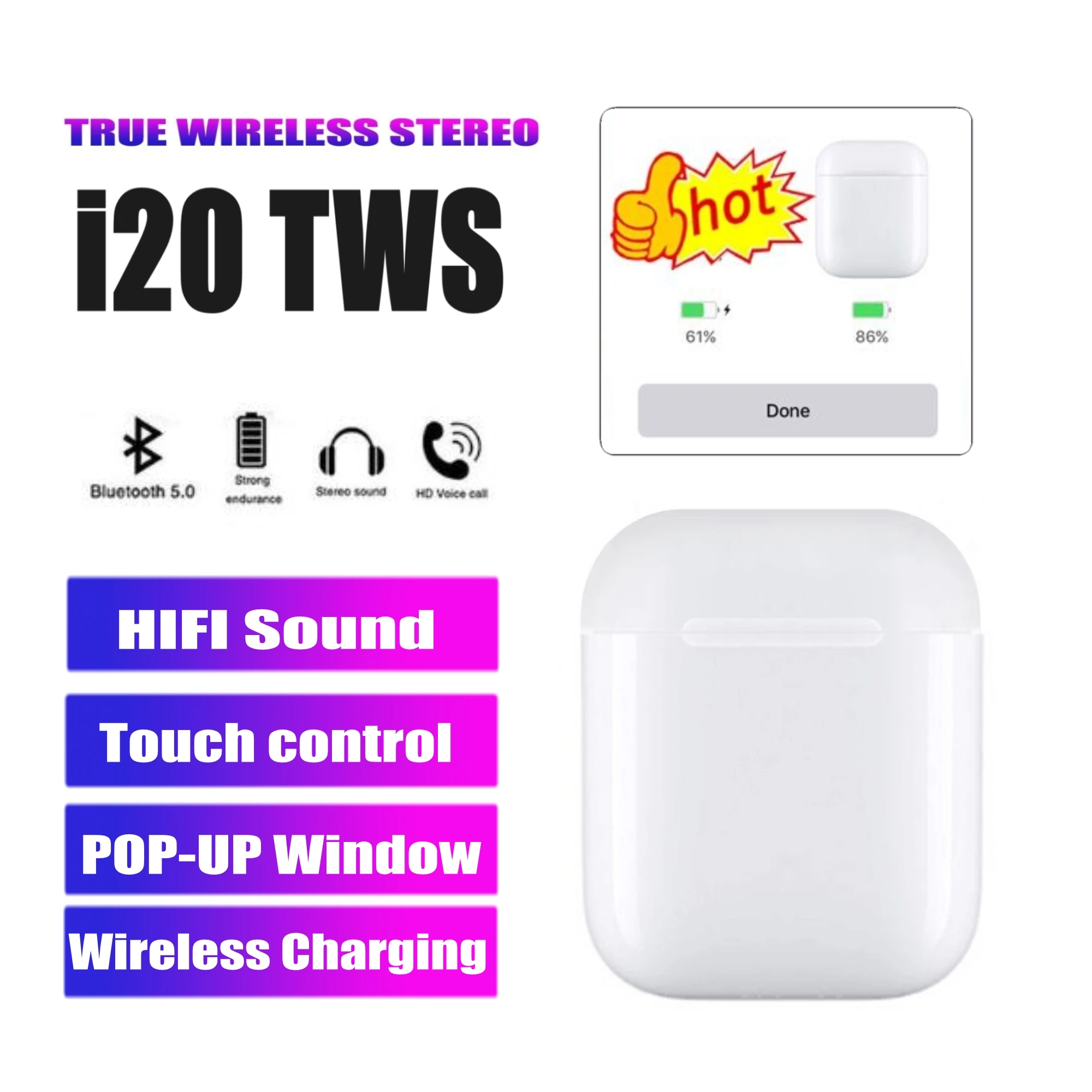 

Newest i20 TWS Pop-up Bluetooth 5.0 Earphone 5D Bass Sound Earbuds Wireless Earphone for iphone Smartphones Better i10 i15tws
