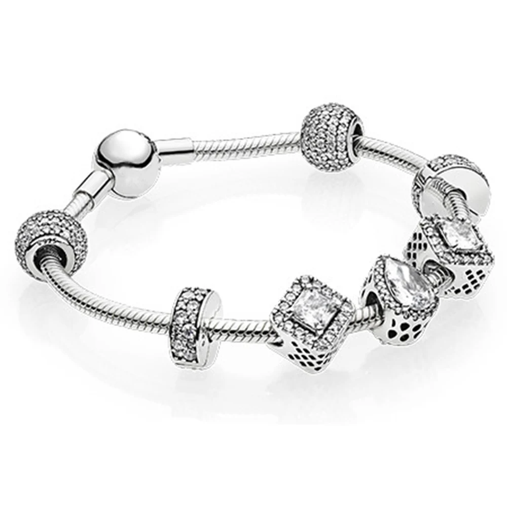 

NEW 2017 NEWEST 100% 925 Sterling Silver Hand catenary suit Clear CZ Charm Bead ESSENCE Bracelets DIY For Women Jewelry