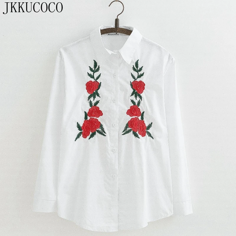 JKKUCOCO Embroidery red Flowers Shirt long sleeve single breasted
