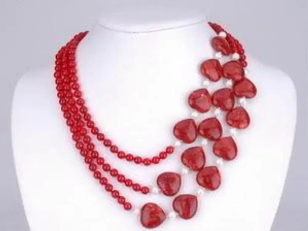 

3Rows Red Heart Ruby White Pearl Red Ruby Necklace 5.27