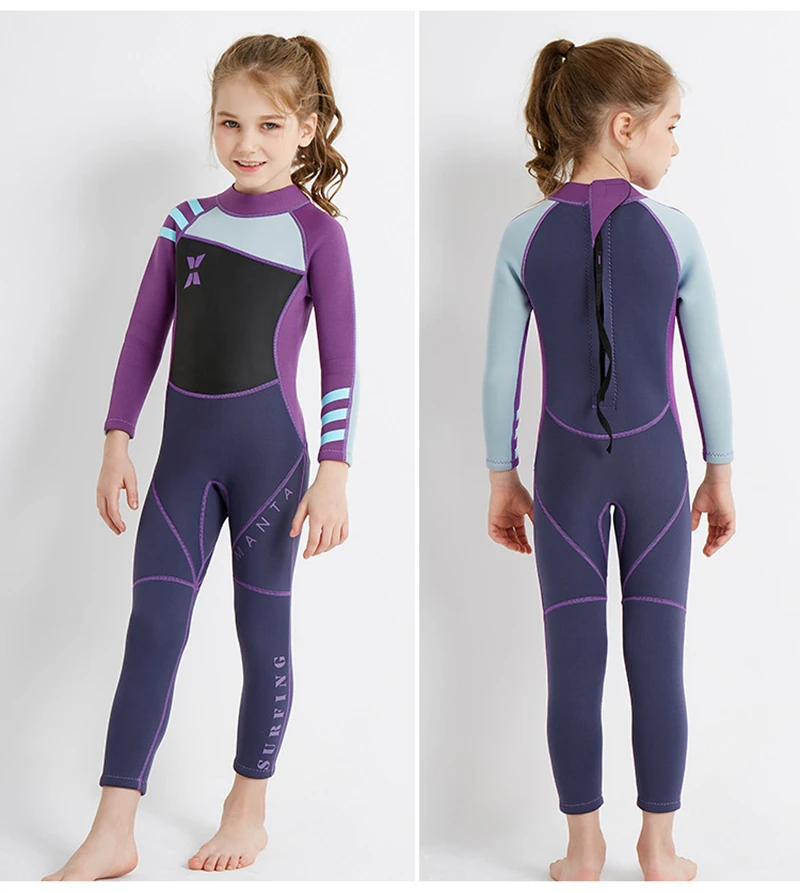 Неопреновый гидрокостюм для детей, 2,5 мм, длинный рукав, для девочек, водолазный костюм, цельный, полное покрытие, сохраняет тепло, для детей, для серфинга, водолазный костюм