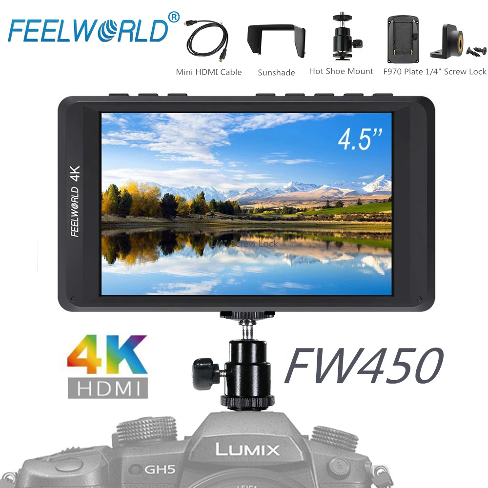 

FEELWORLD FW450 4.5"IPS 4K DSLR Camera Field Monitor with HDMI Input Output HD 1280x800 Portable LCD Monitor forCamera Stablizer