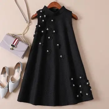 

2020 Small fragrance spring new fashion women heavy flower beading half turtleneck a-line woolen vest dress