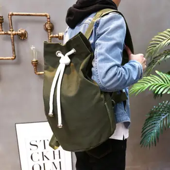 

Multifunction Men's Solid Color Drawstring Casual Backpack Canvas Large Capacity Bucket Bag