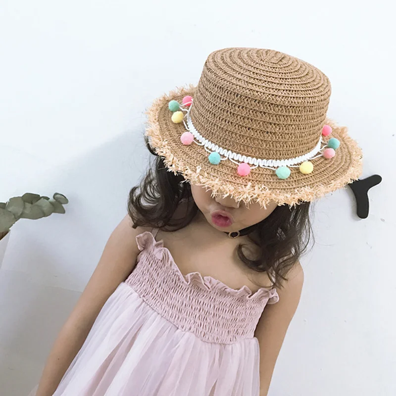 

Girls Summer Straw Hat Wide Brim Tassel Balls Floppy Panama Cap for Beach KH889