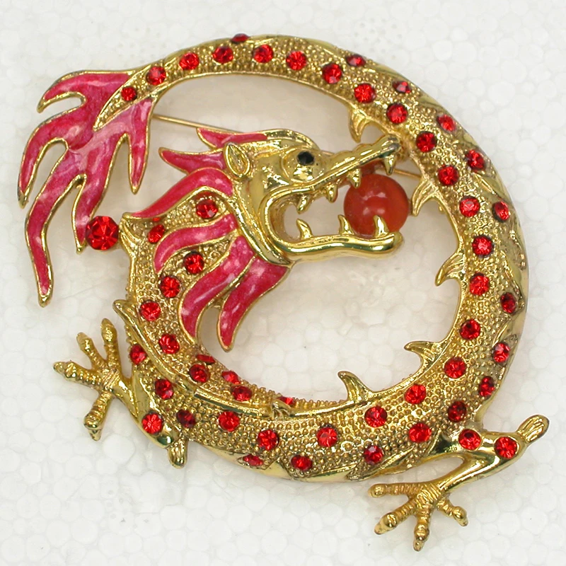 Fashion Brooch Red Rhinestone Enamel Dragon Pin brooches C881 C2in