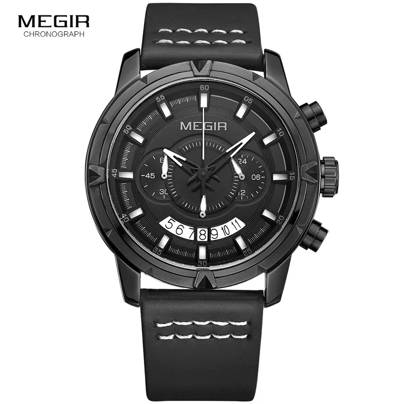 Relogio Masculino, мужские часы MEGIR s, Топ бренд, Роскошные Кварцевые Золотые часы, мужские повседневные кожаные военные водонепроницаемые спортивные наручные часы - Цвет: ML2047G-BLACK