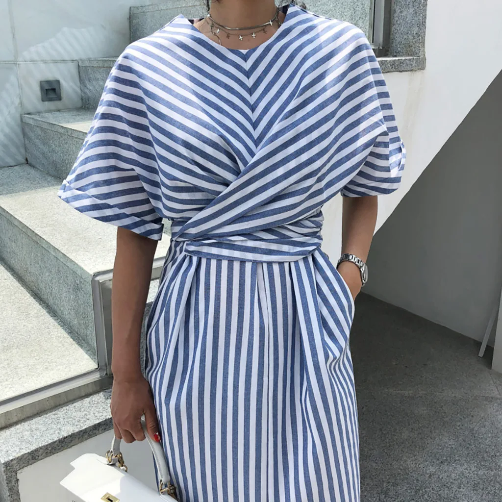 

Casual Dress Women Summer Straight Cotton Blue Striped Half Sleeve Mid Calf Round Neck Vestidos Lazy Style Daily Wearing OY41*