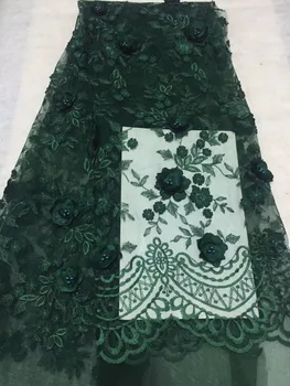 

Latest 2017 African Lace Fabric With Beads Nigerian Wedding Green 3 d flower Embroidered French Tulle Lace Material For Bridal