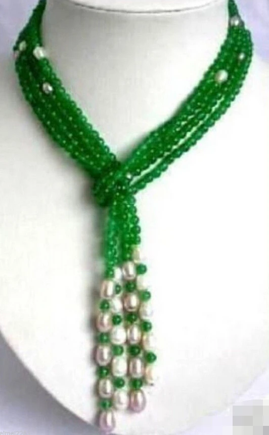 

1832 Green jade + White Pearl scarf form necklace