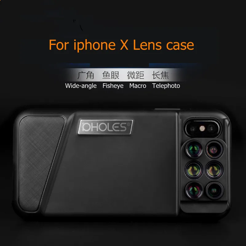 

For iPhone X phone camera lens Case 6 in 1 Dual Optics Phone Lens 160 Degree Fisheye Lens+110 Degree Wide Angle+10x Macro Lens