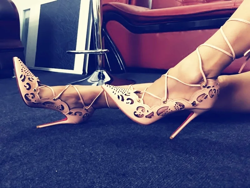 

Sexy Pointed Toe Hollow Lace Up Sandals Good Permeability Cross Tie High Heel Pink Color Summer Pumps Dress Lady Shoes Free Ship