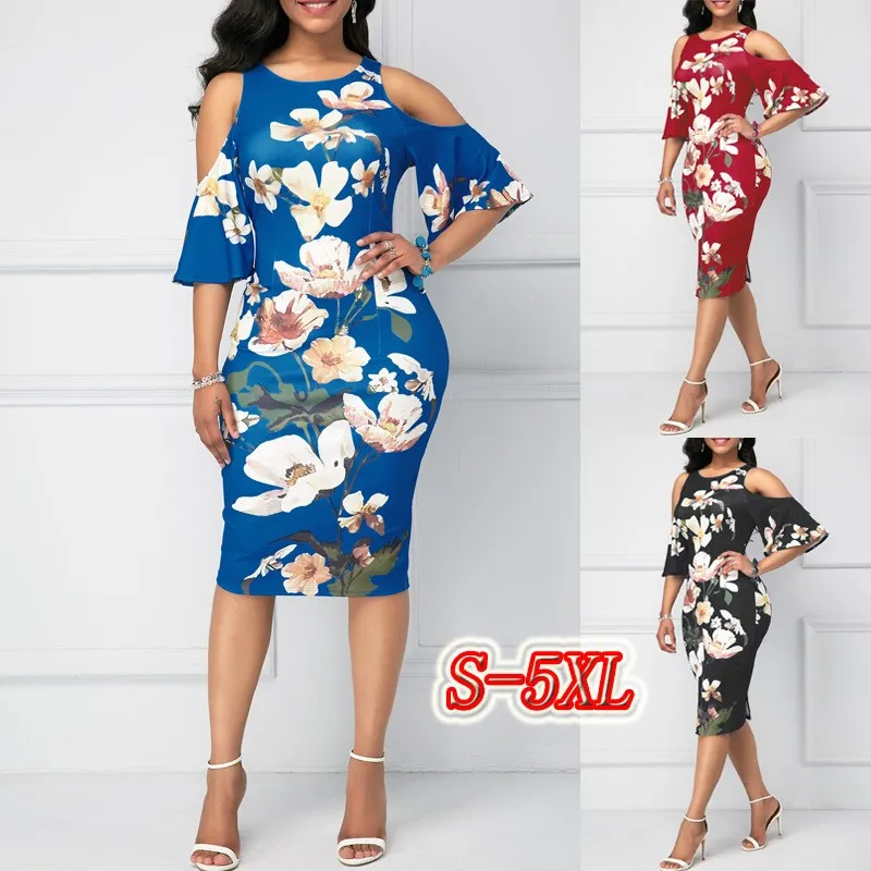

Sexy Off Shoulder Floral Print Bodycon Dress Women Summer Flare Sleeve Slim Dress Casual Party Plus Size Dresses