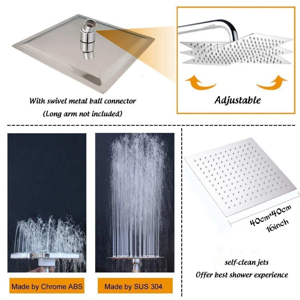 16 Inch Large Square Rain Shower Head Stainless Steel High Pressure Shower Head Polished Finish Ultrathin Bathroom Accessories 3