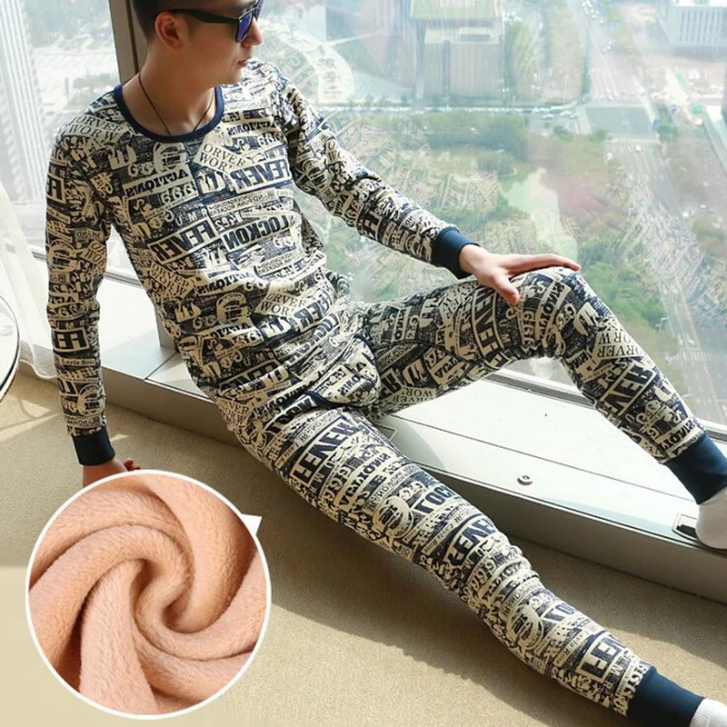 KWAN.Z men's Thermal underwear thick plus long johns cashmere printing thermo thick pajamas compression underwear top leggings