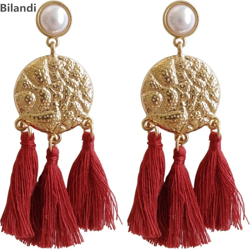 

Bohemian national wind metal geometric primitives Hot Selling Pearl Stud Thread Tassel Earrings For Women Jewelry