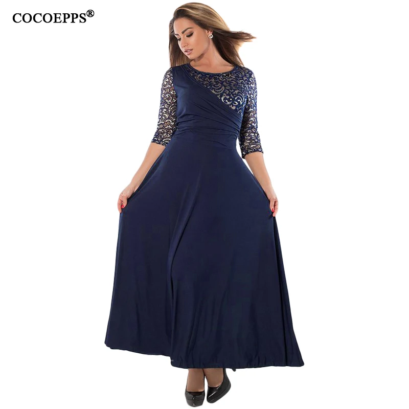 Comprar 5XL 6XL 2019 mujeres de talla grande vestido largo Maxi primavera verano gran tamaño encaje Patchwork vestido Sexy vestido de fiesta negro Vestidos femeninos