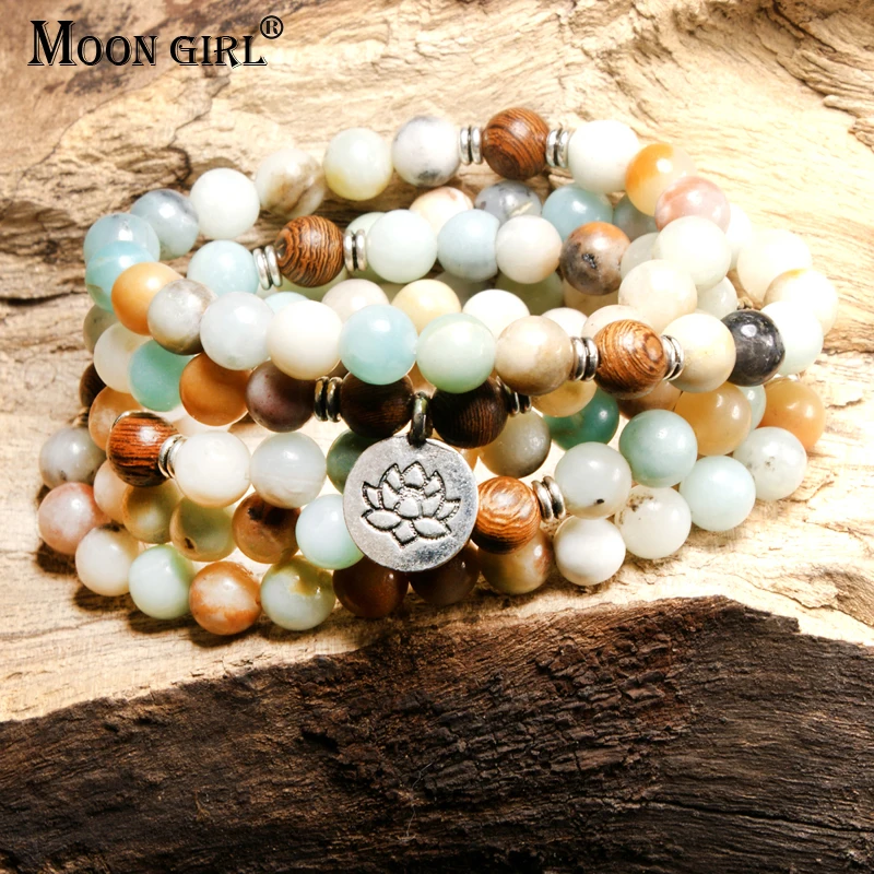 

MOON GIRL 8MM Amazonite Stone 108 Mala Lotus Prayer Bracelet Multilayer Elastic Buddhism Indian Chakra Bracelets Femme Dropship