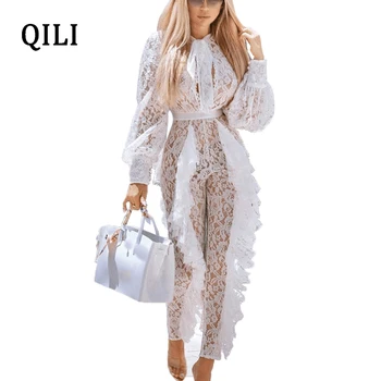 

QILI White Lace Women Jumpsuits Elegant Ruffles Long Sleeve Hollow Out See Through Sexy Jumpsuit Romper Womens Bodycon Jumpsuit