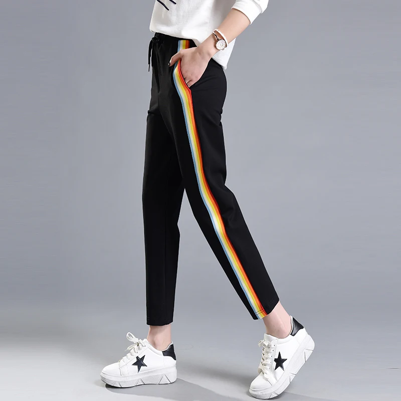 

2019 Spring Summer Women Casual Sweatpants Rainbow Striped Printed Side Pant Ladies Loose Trousers Joggers Sweat Pants Plus Size
