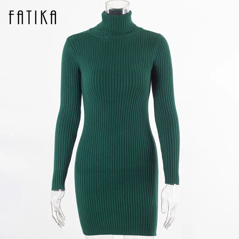 FATIKA, Мода, женский свитер, Осень-зима, платья, тонкий, водолазка, сексуальный, бодикон, сплошной цвет, халат, трикотажное платье - Цвет: Army Green