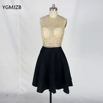 

Sparkly Short Prom Dress 2018 Sheer O-neck Sleeveless Full Beaded Open Back Satin Black Cocktail Dresses for Graduation