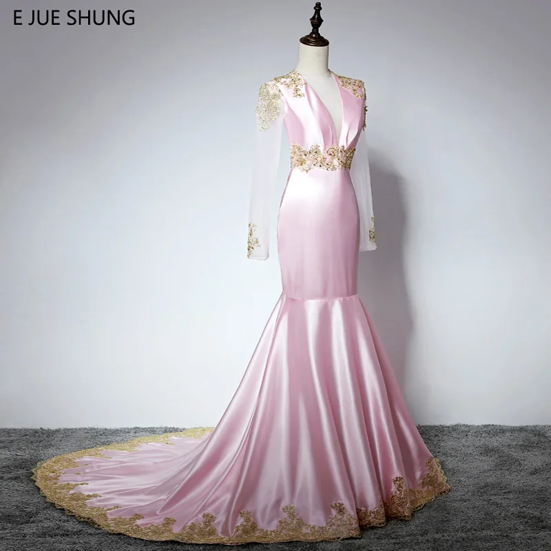 E JUE SHUNG Pink Gold Lace Appliques Mermaid Evening Dresses Long 2018 Deep V-neck Long Sleeves Backless Sexy Evening Gowns