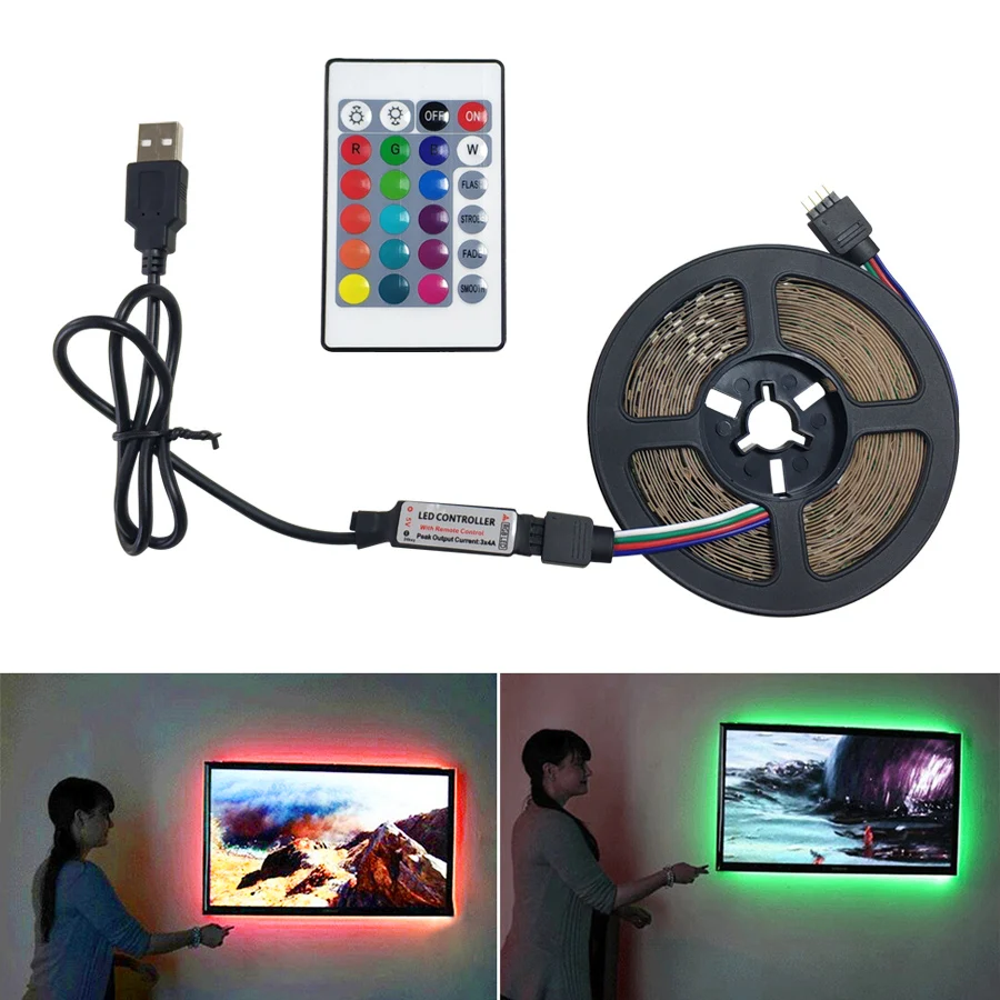 USB Светодиодная лента 2 5 м DC 12 В RGB гибкий светильник SMD 2835 24 ключа дистанционного