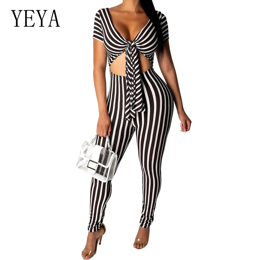 YEYA Women Jumpsuits Rompers Fashion Dynamic Striped Playsuits Sexy V Neck Short Sleeve Casual Bodycon Bandage Black Overalls YEYA Women Jumpsuits Rompers Fashion Dynamic Striped Playsuits Sexy V Neck Short Sleeve Casual Bodycon Bandage Black Overalls